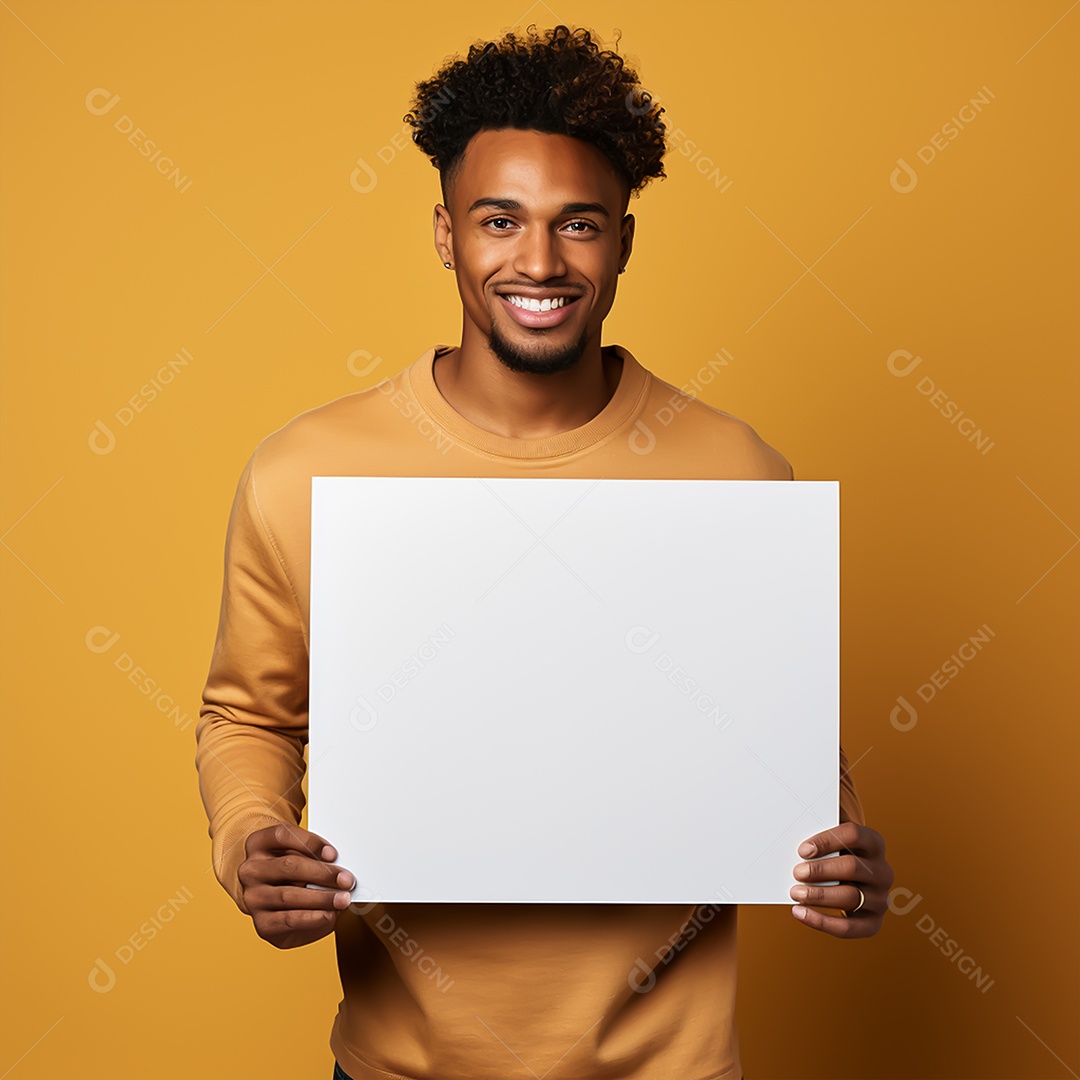 Jovem sorridente segurando placa