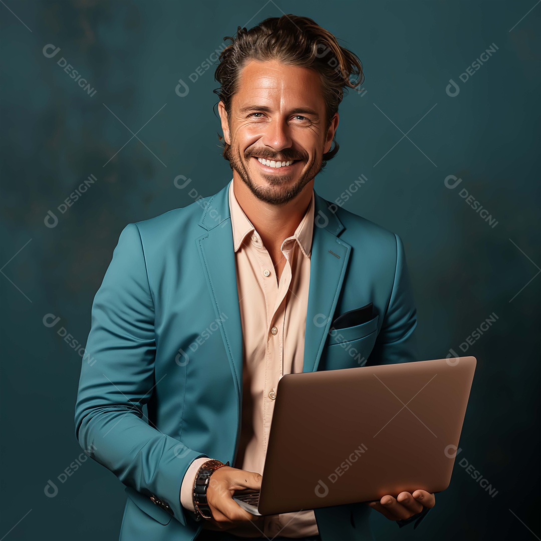 Jovem sorridente segurando notebook