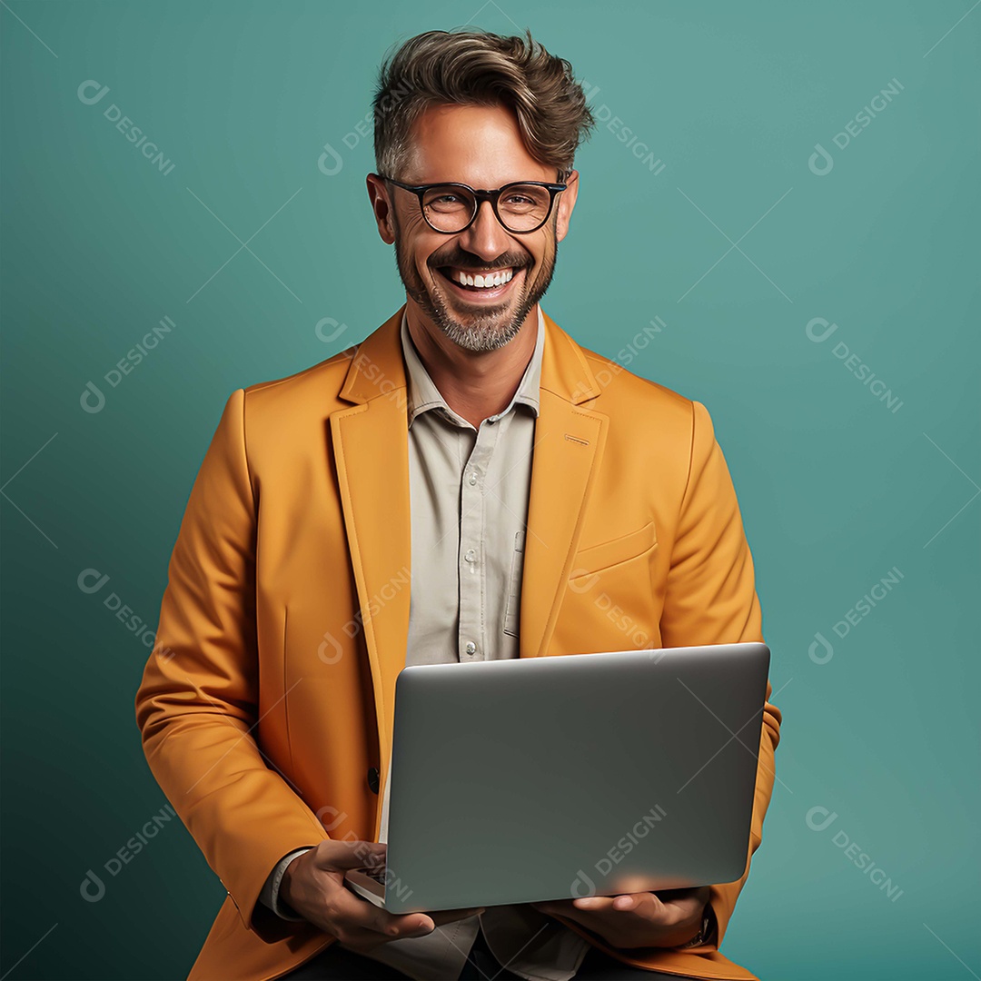 Jovem sorridente segurando notebook