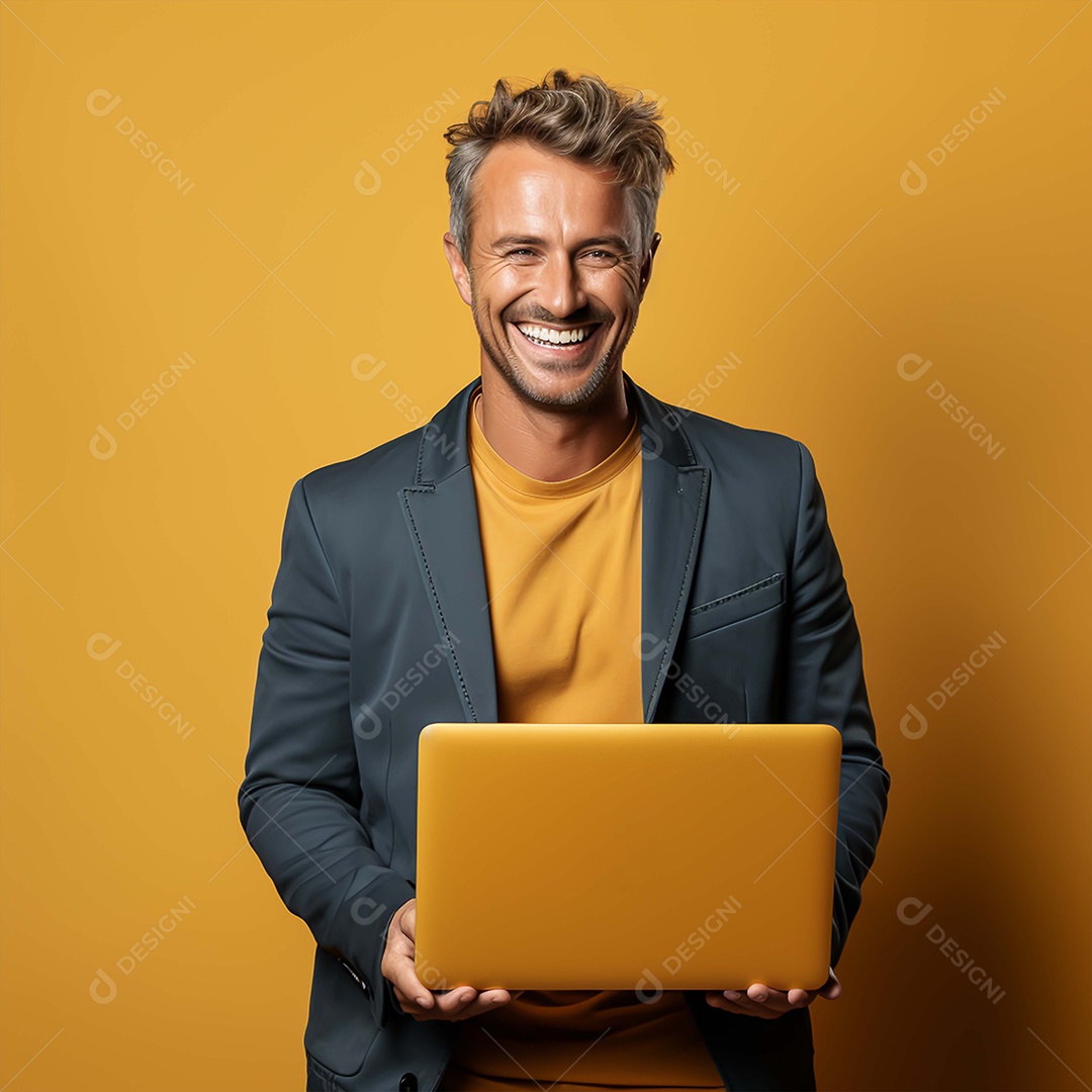 Jovem sorridente segurando notebook