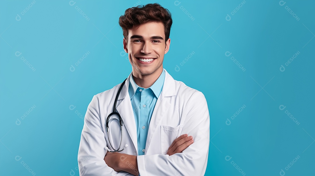 Homem jovem médico sorridente em fundo azul