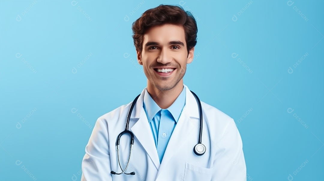 Homem jovem médico sorridente em fundo azul