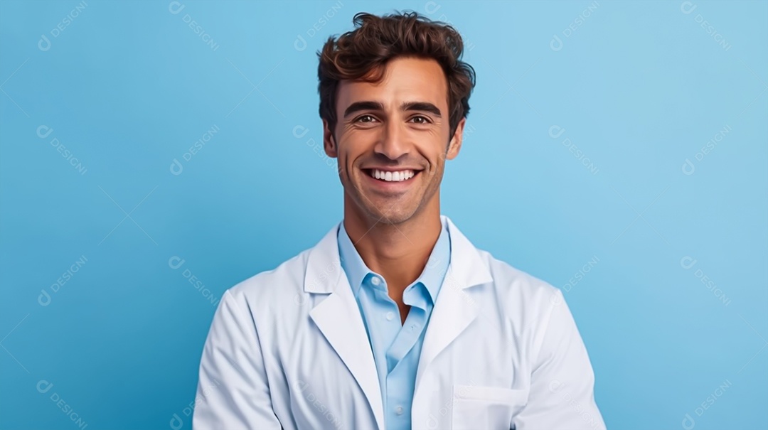 Homem jovem médico sorridente em fundo azul