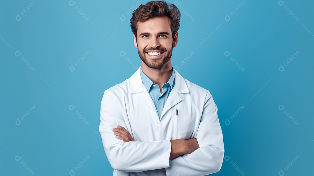 Homem jovem médico sorridente em fundo azul