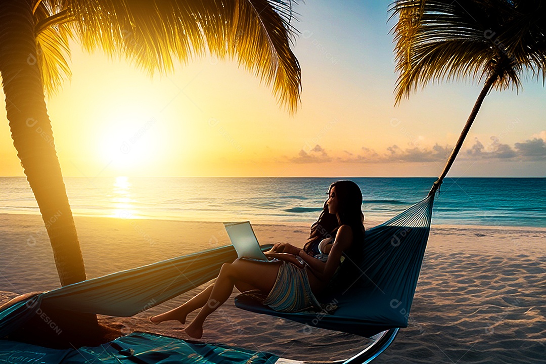 Pessoa relaxando deitada na rede sobre praia