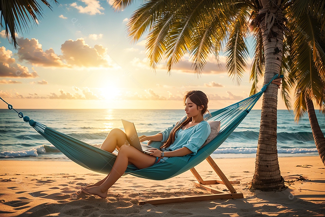 Pessoa relaxando deitada na rede sobre praia