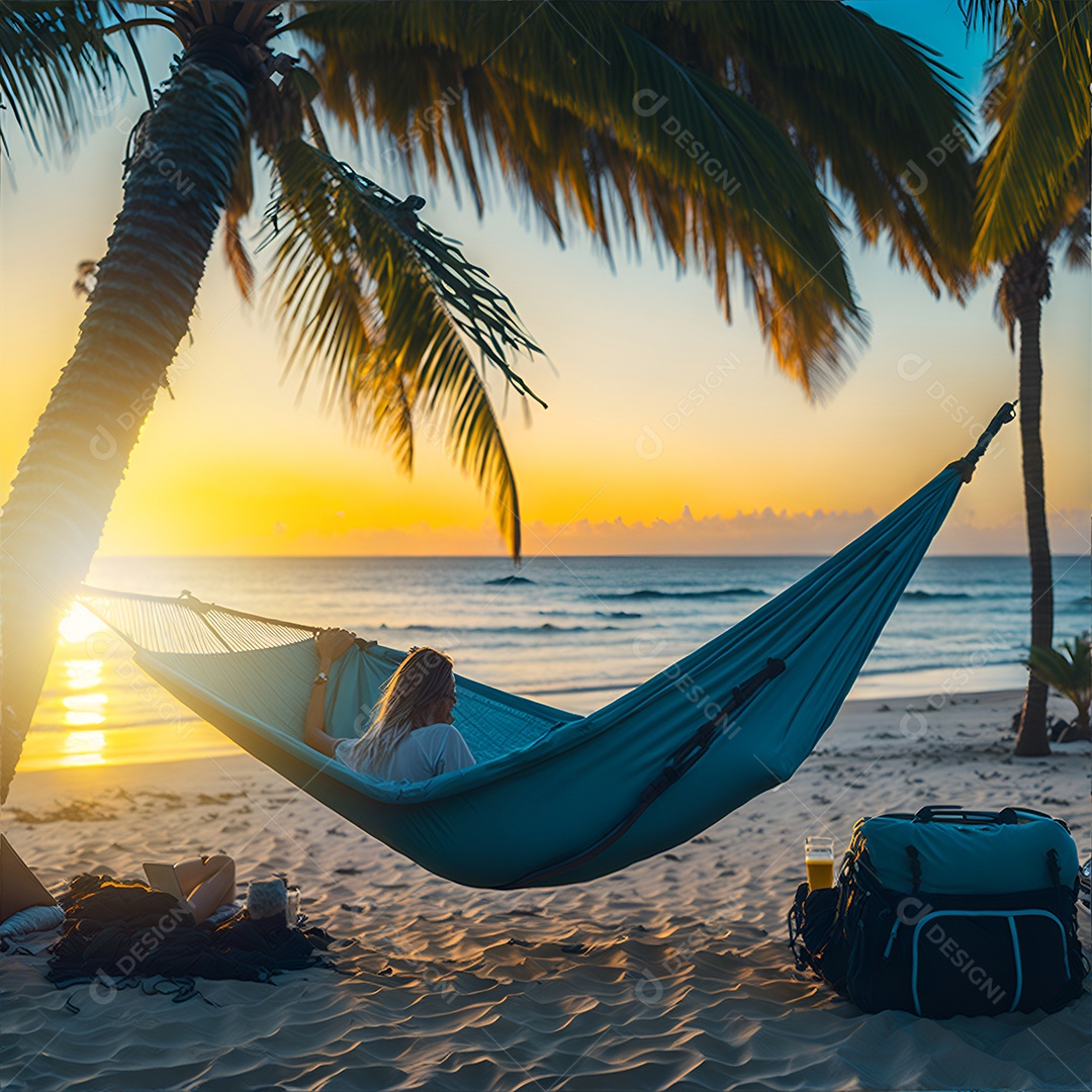 Pessoa relaxando deitada na rede sobre praia