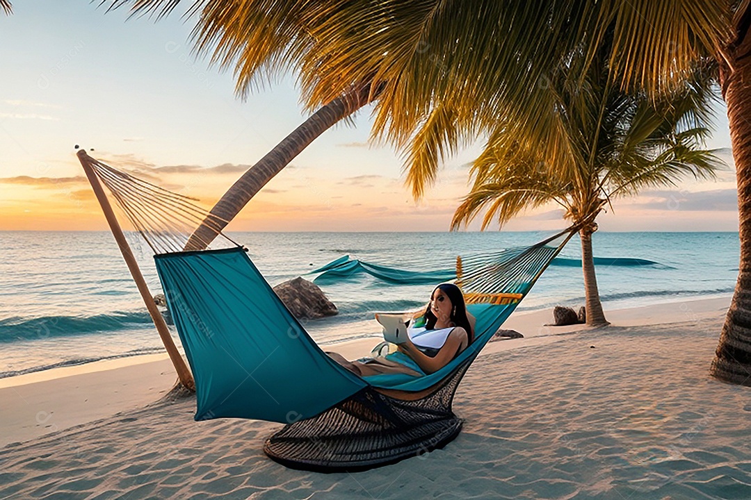 Pessoa relaxando deitada na rede sobre praia