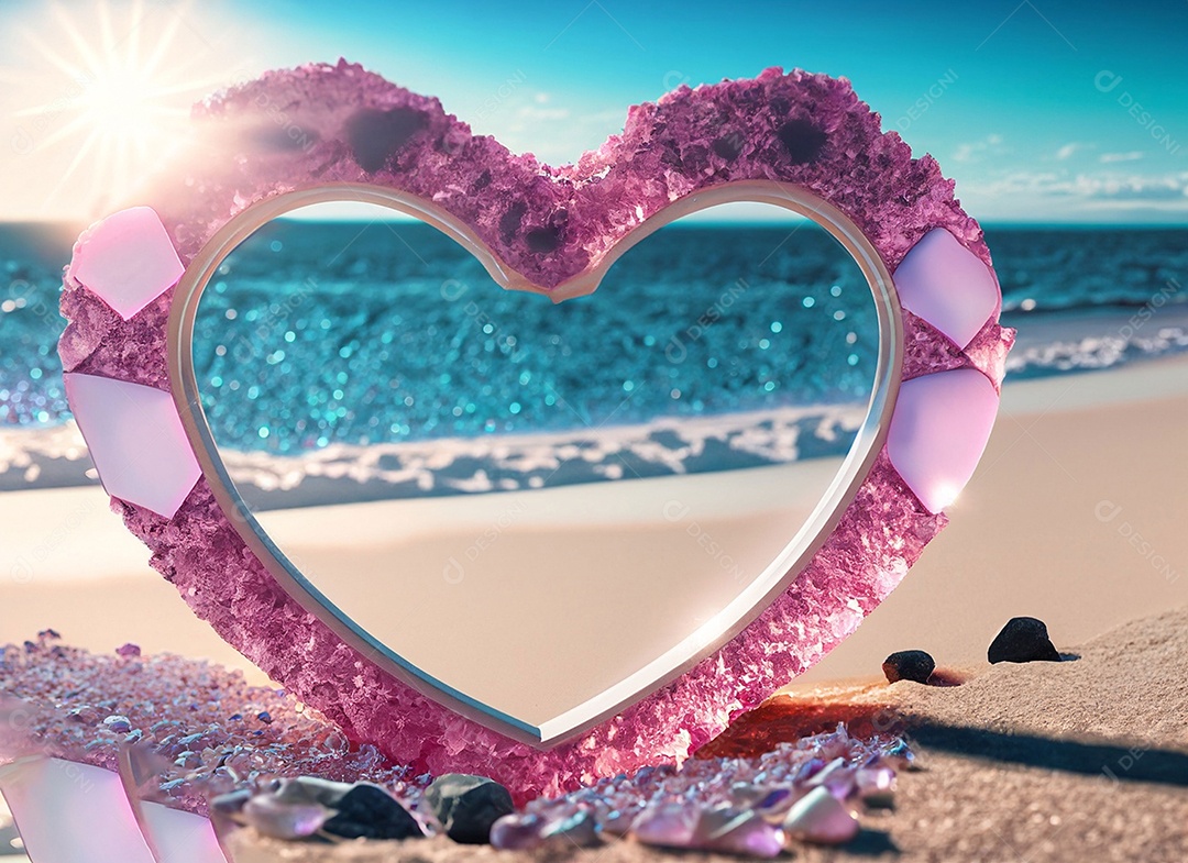 Uma moldura vazia de coração rosa cristal em vista de uma praia e mar