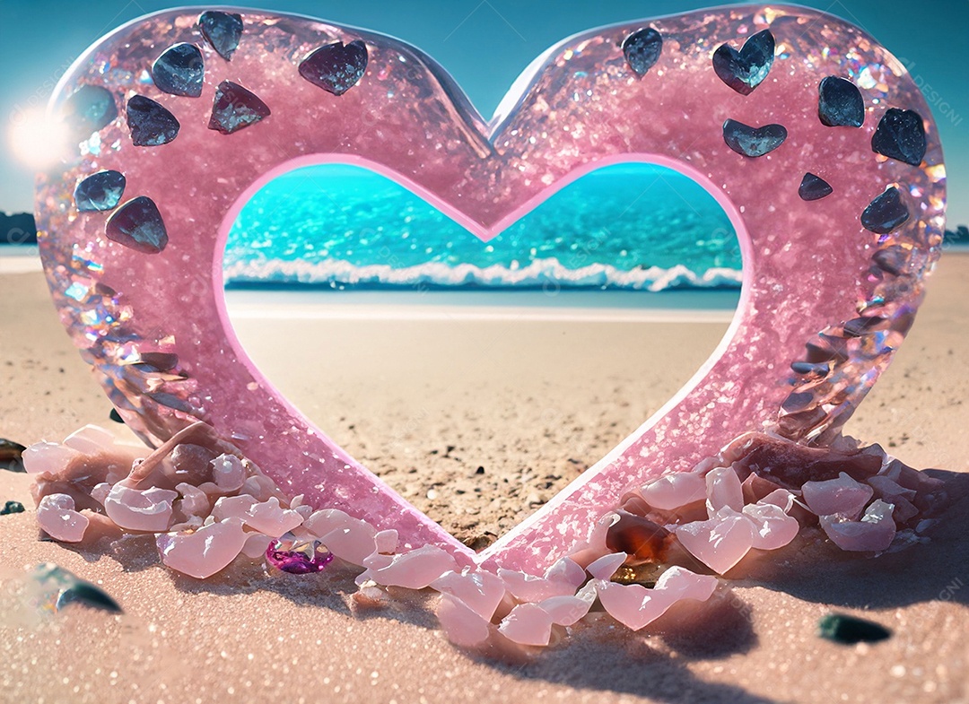 Uma moldura vazia de coração rosa cristal em vista de uma praia e mar