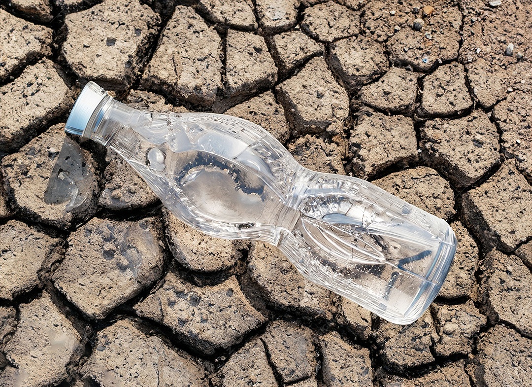 Garrafa de água cristalina em solo seco  e rachado