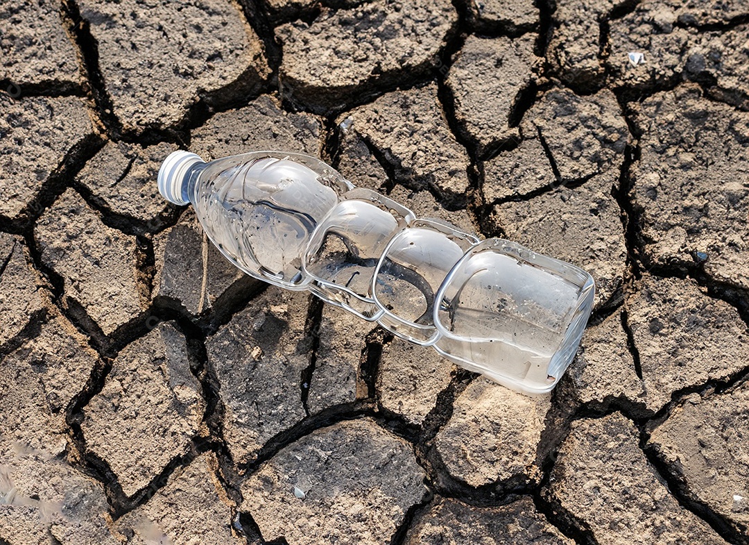 Garrafa de água cristalina em solo seco  e rachado