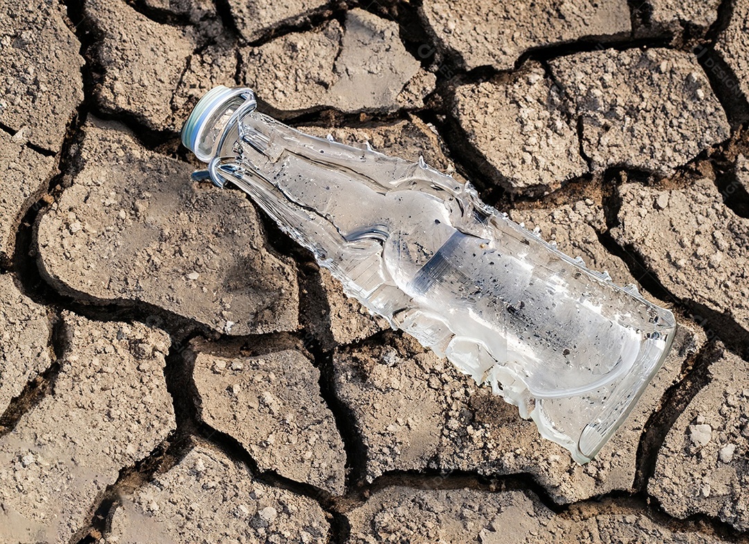 Garrafa de água cristalina em solo seco  e rachado