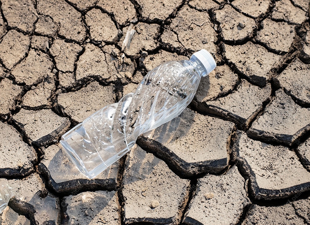 Garrafa de água cristalina em solo seco  e rachado