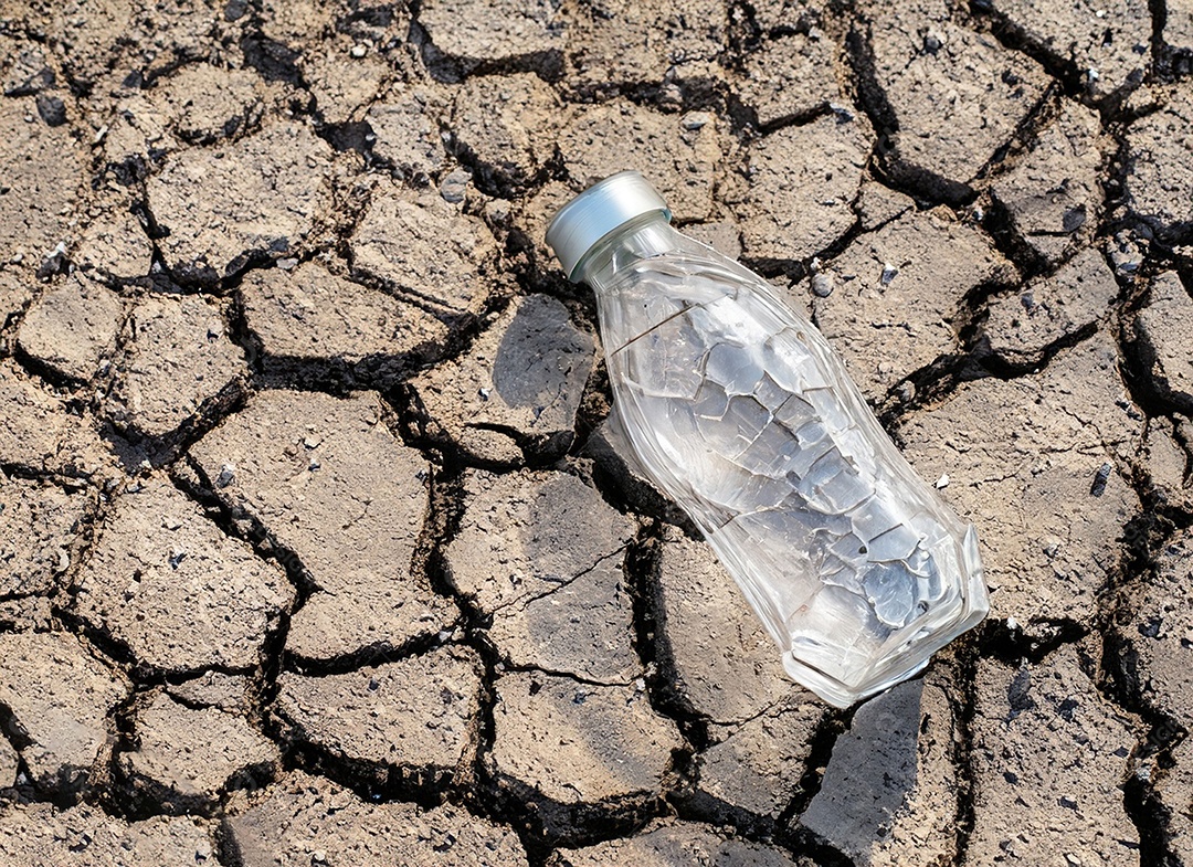 Garrafa de água cristalina em solo seco  e rachado