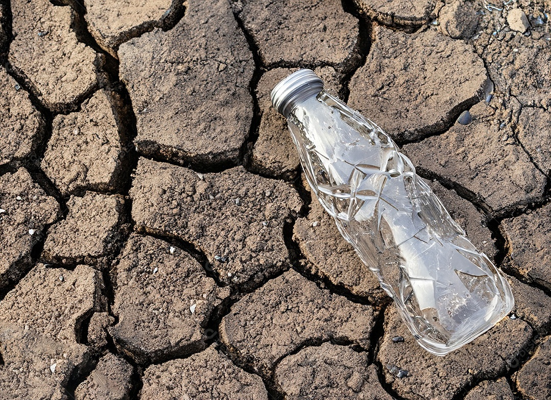 Garrafa de água cristalina em solo seco  e rachado