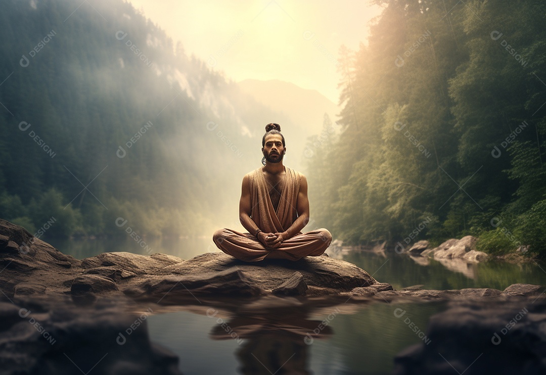 Retrato realista de homem praticando meditação