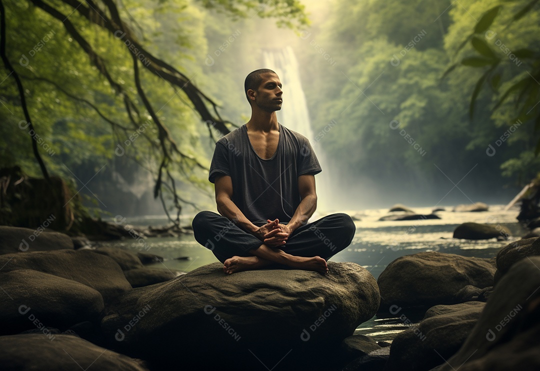 Retrato realista de homem praticando meditação