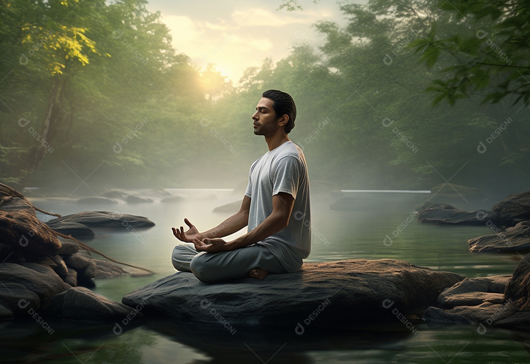 Retrato realista de homem praticando meditação