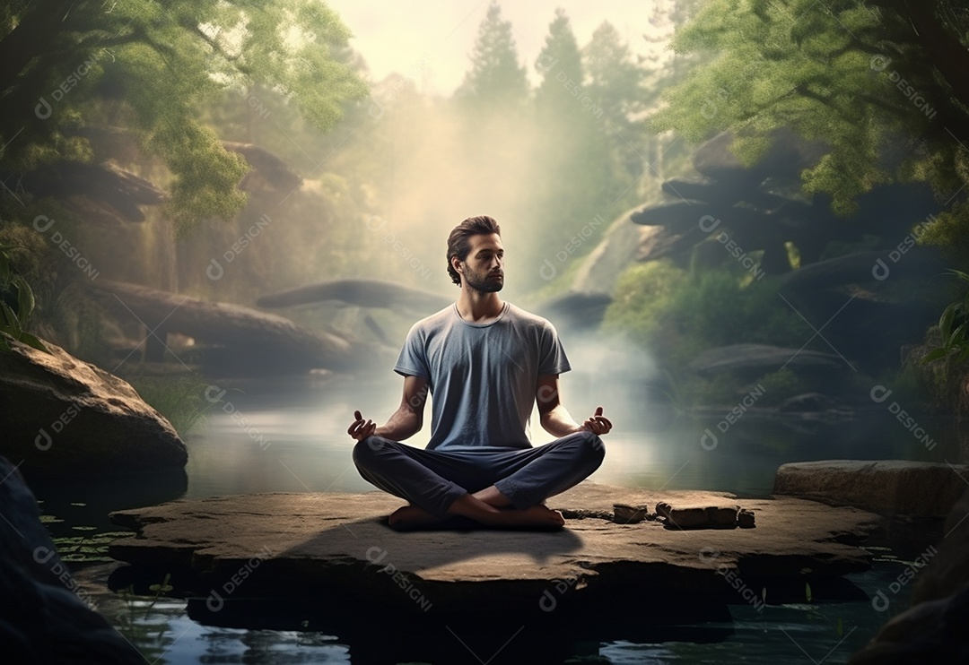 Retrato realista de homem praticando meditação