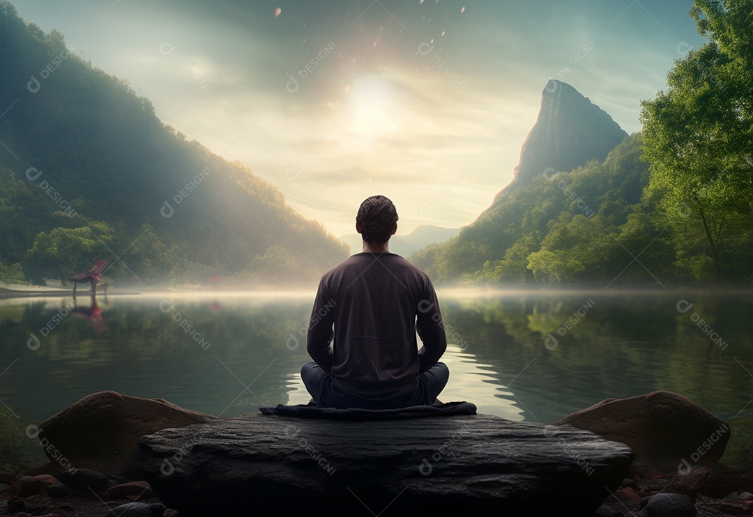 Retrato realista de homem praticando meditação