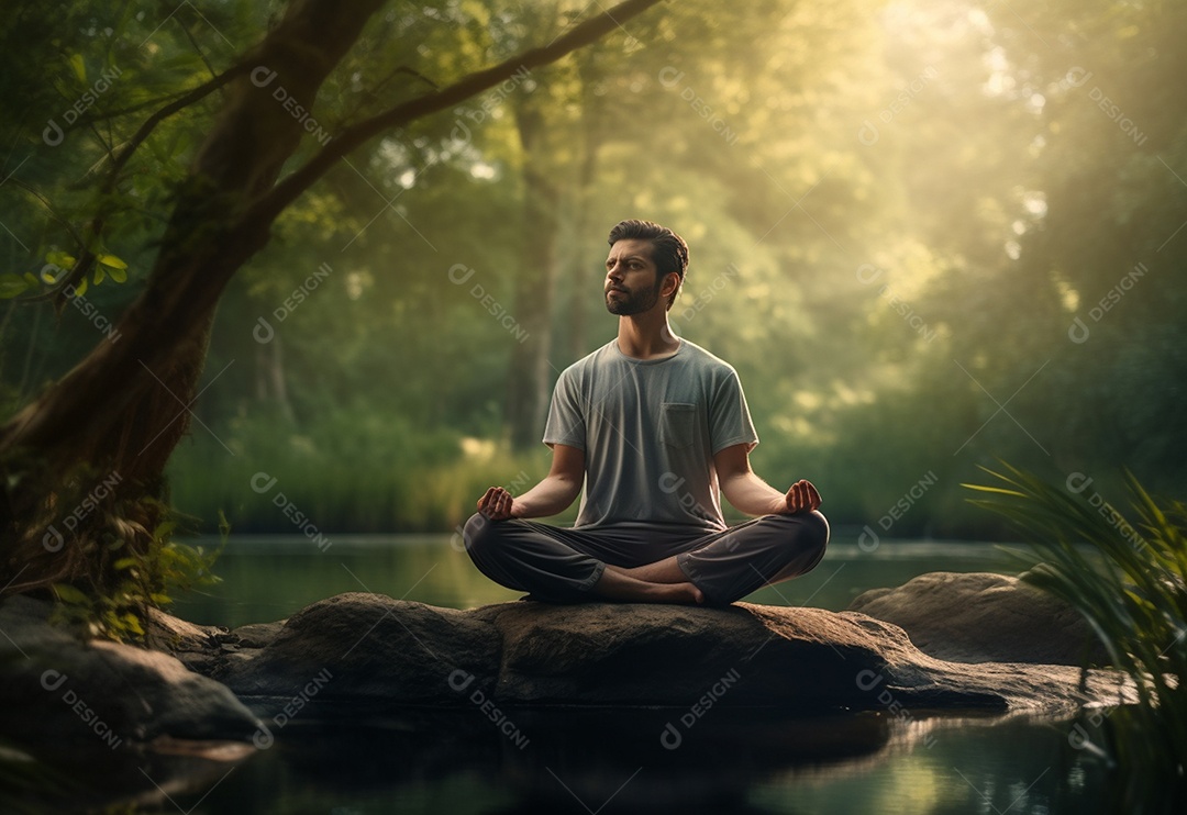 Retrato realista de homem praticando meditação