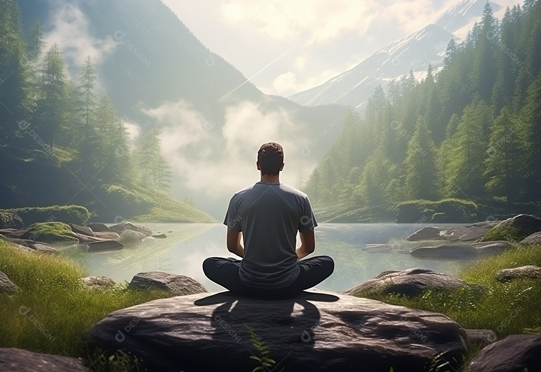 Retrato realista de homem praticando meditação