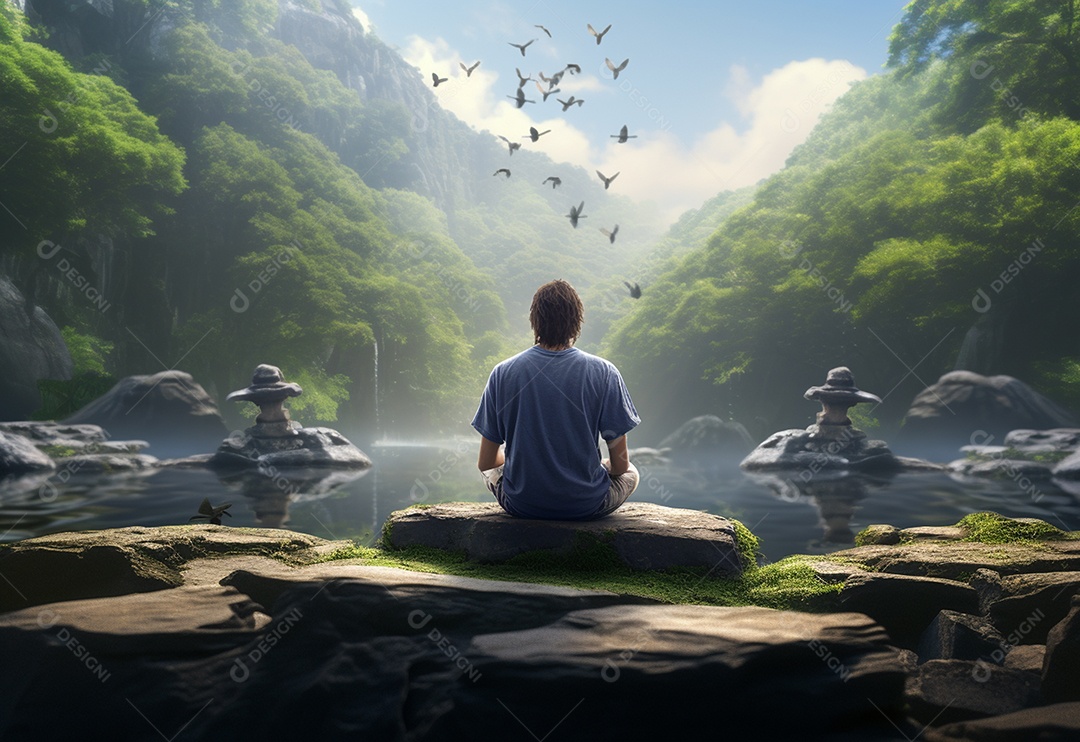 Retrato realista de homem praticando meditação