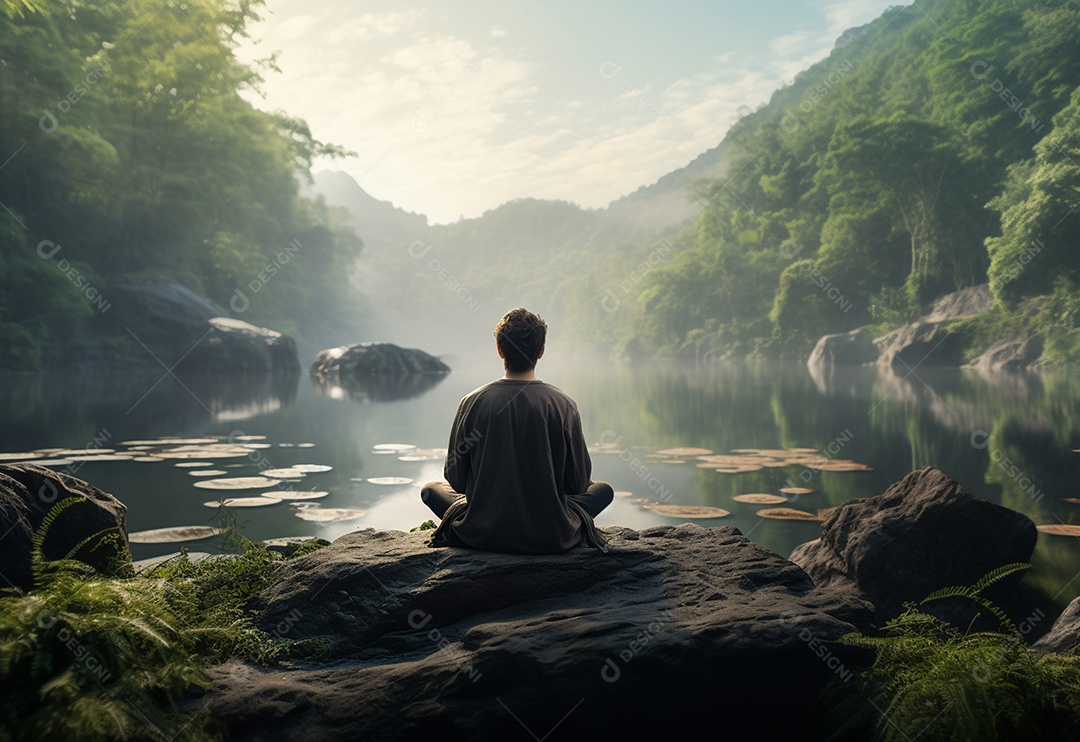 Retrato realista de homem praticando meditação