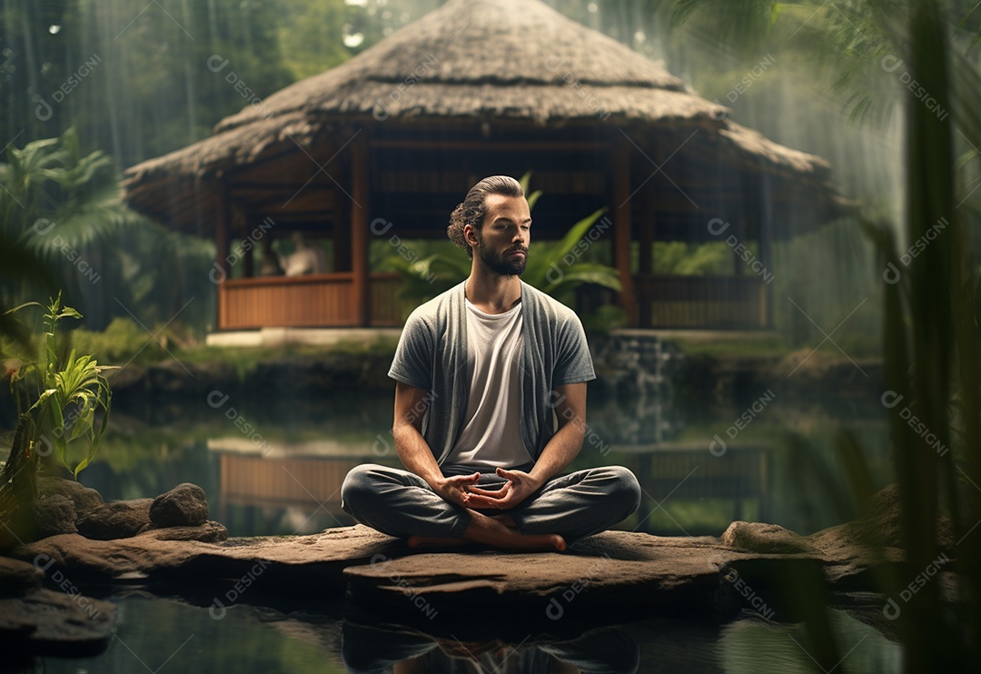 Retrato realista de homem praticando meditação