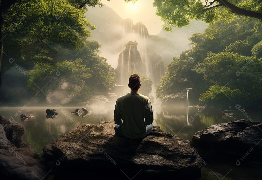 Retrato realista de homem praticando meditação