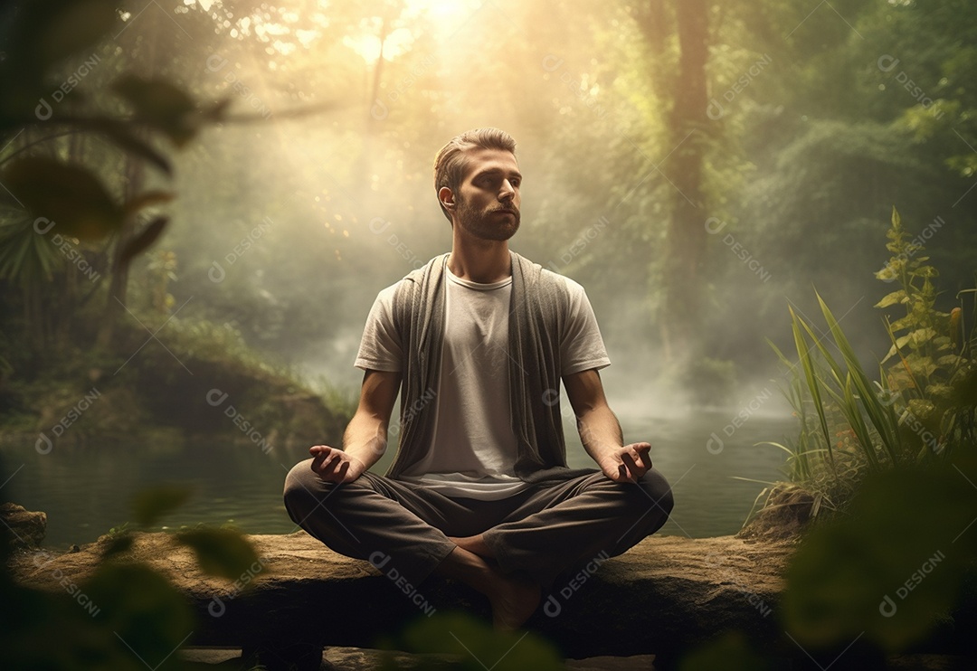Retrato realista de homem praticando meditação