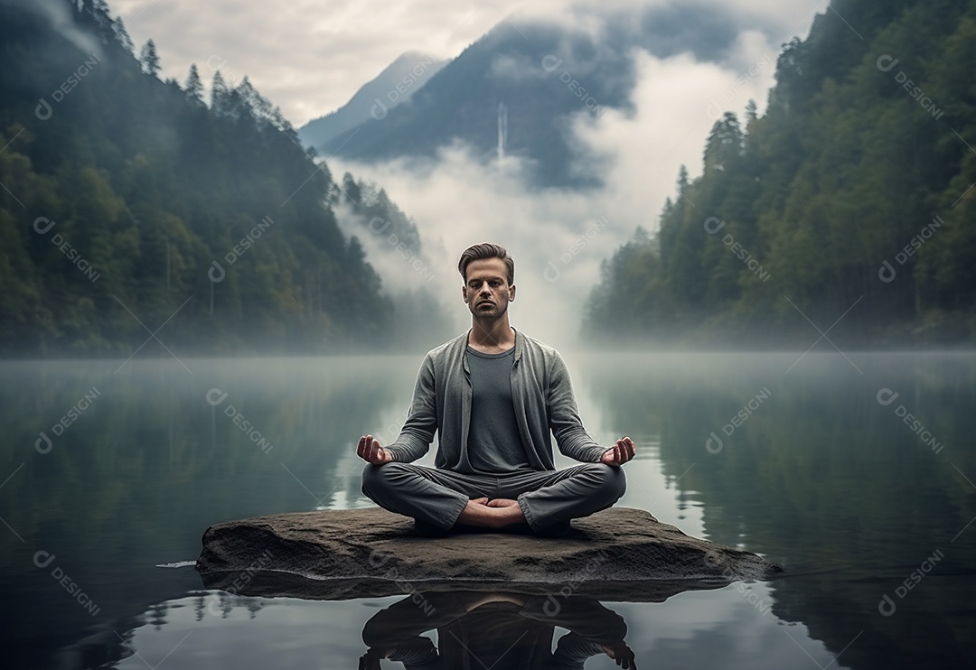 Retrato realista de homem praticando meditação