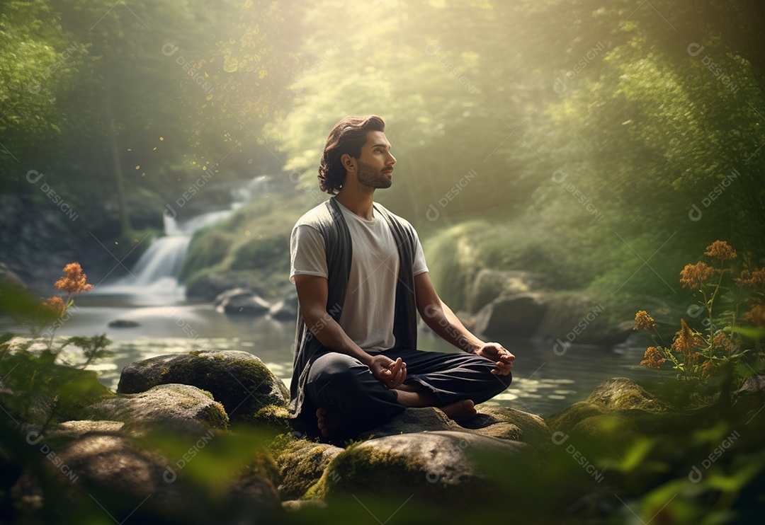 Retrato realista de homem praticando meditação