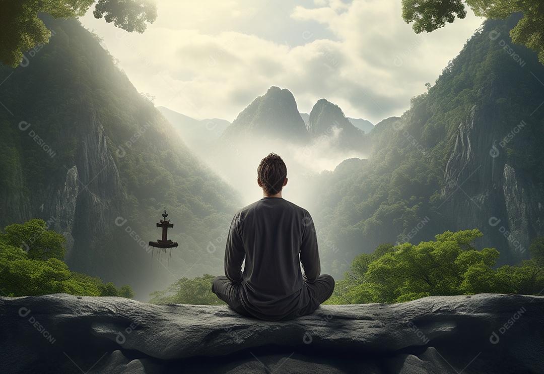 Retrato realista de homem praticando meditação
