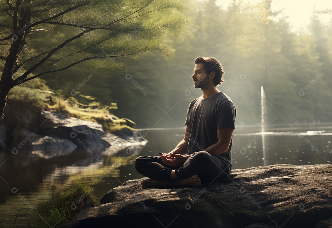 Retrato realista de homem praticando meditação
