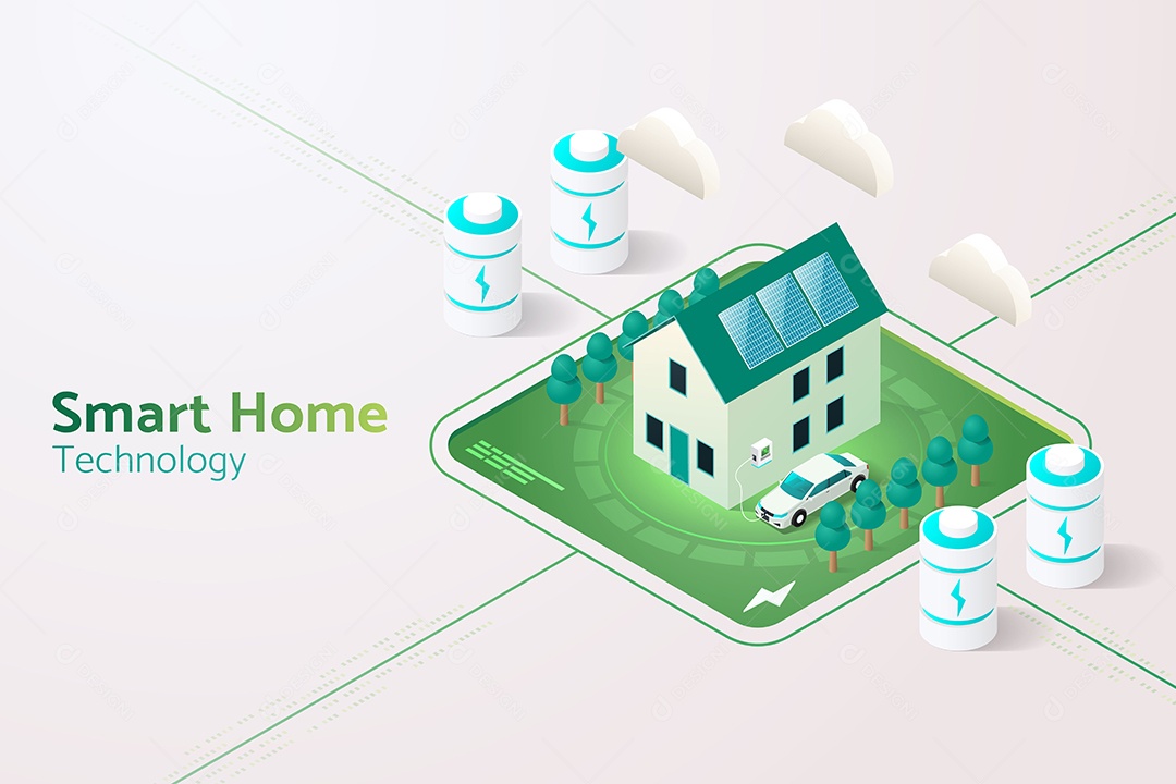 Casa Inteligente Com Painéis Solares no Telhado para Armazenamento de Energia Elétrica Vetor EPS