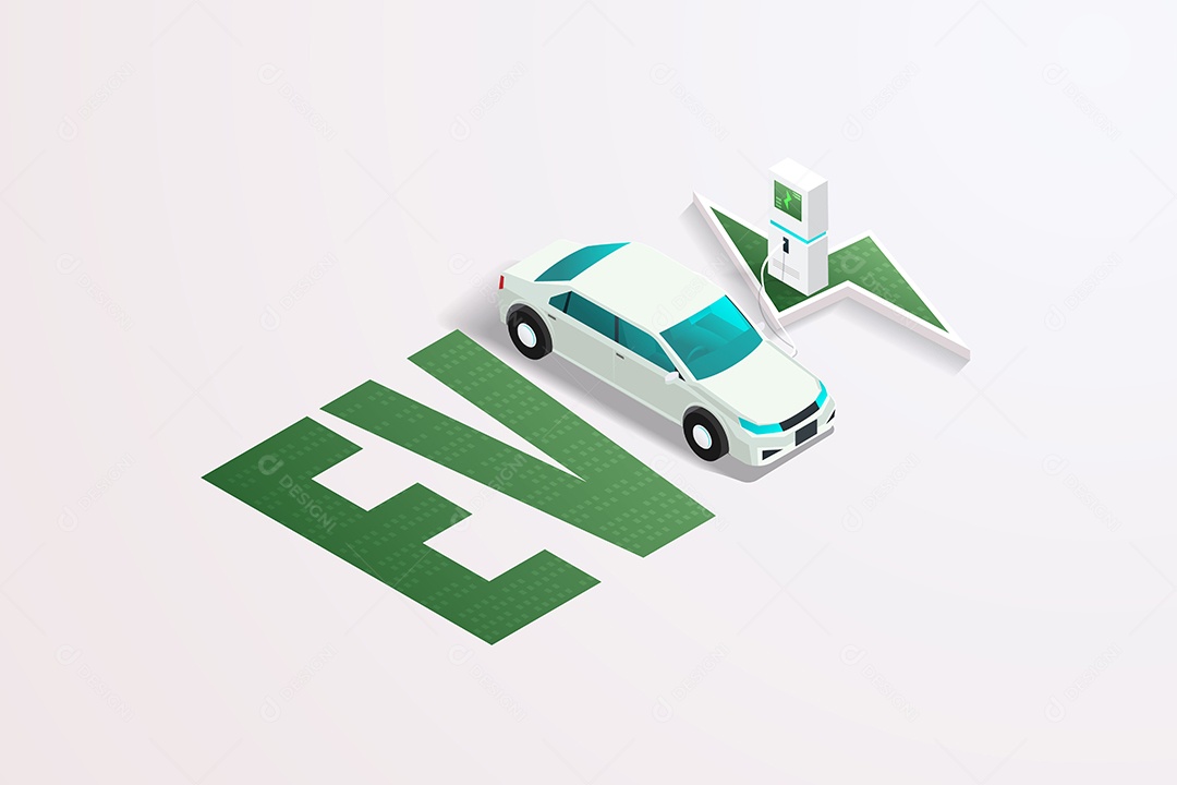 Tecnologia de Carro Ev ou Carro Elétrico Carregue a Bateria na Estação de Carregamento Vetor EPS