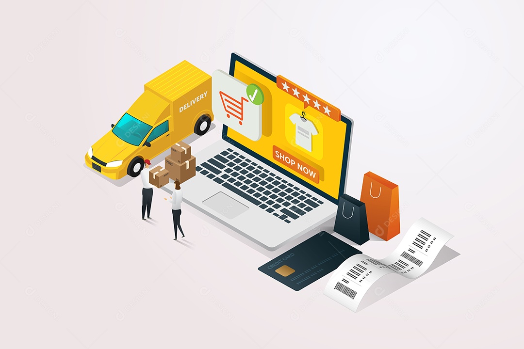 Mulher Fazendo Compras Online Via Laptop Pagando Com Cartão de Crédito Vetor EPS