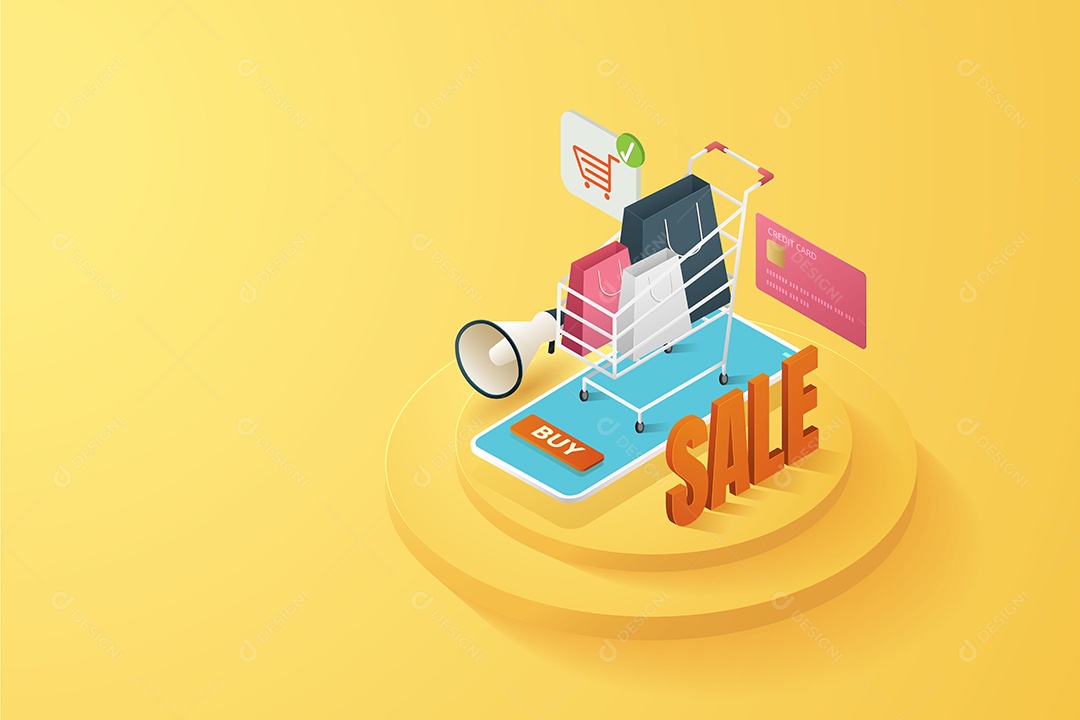 Venda de Compras Online Via Smartphone Sacos de Papel no Carrinho Vetor EPS