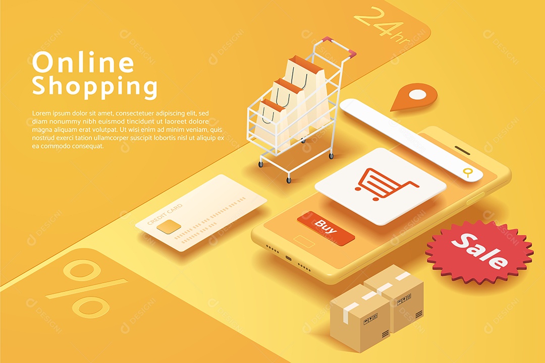 Compras Online Via Smartphone Sacos de Papel no Carrinho Vetor EPS