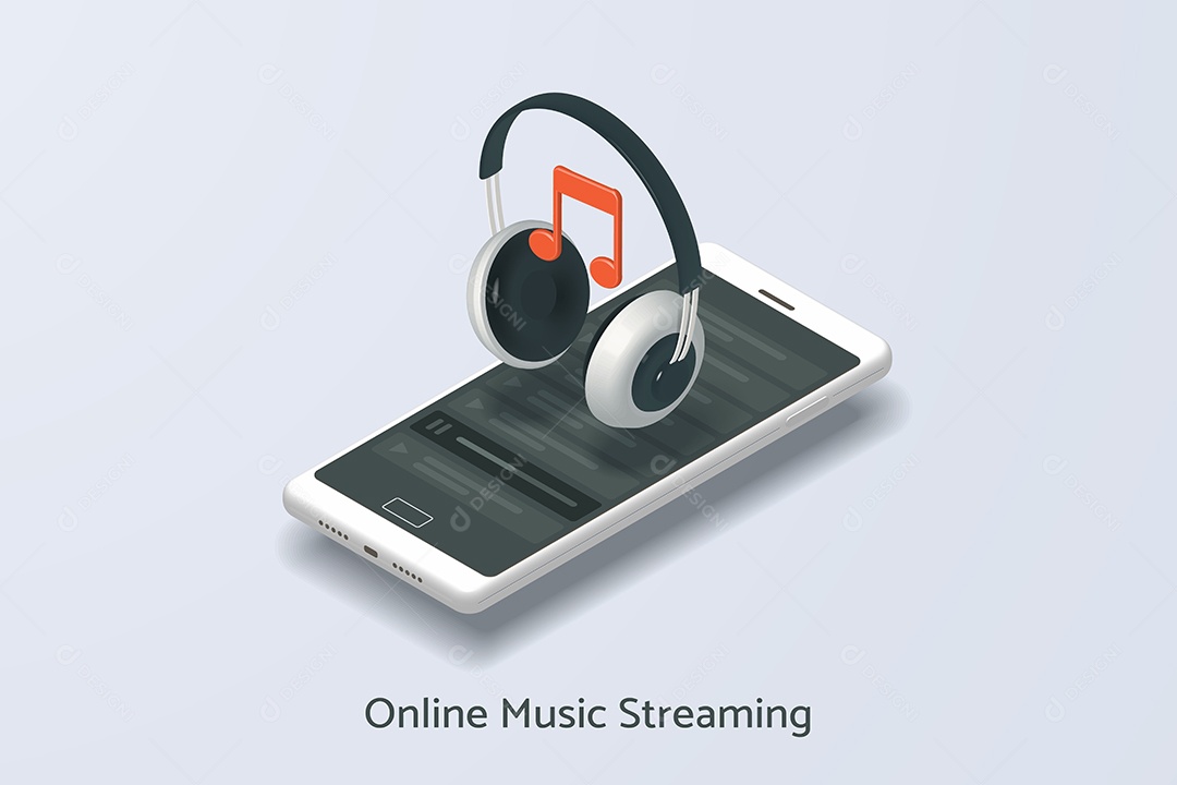 Serviço de Streaming de Música Online Via Smartphone Com Fones de Ouvido Sem Fio Vetor EPS