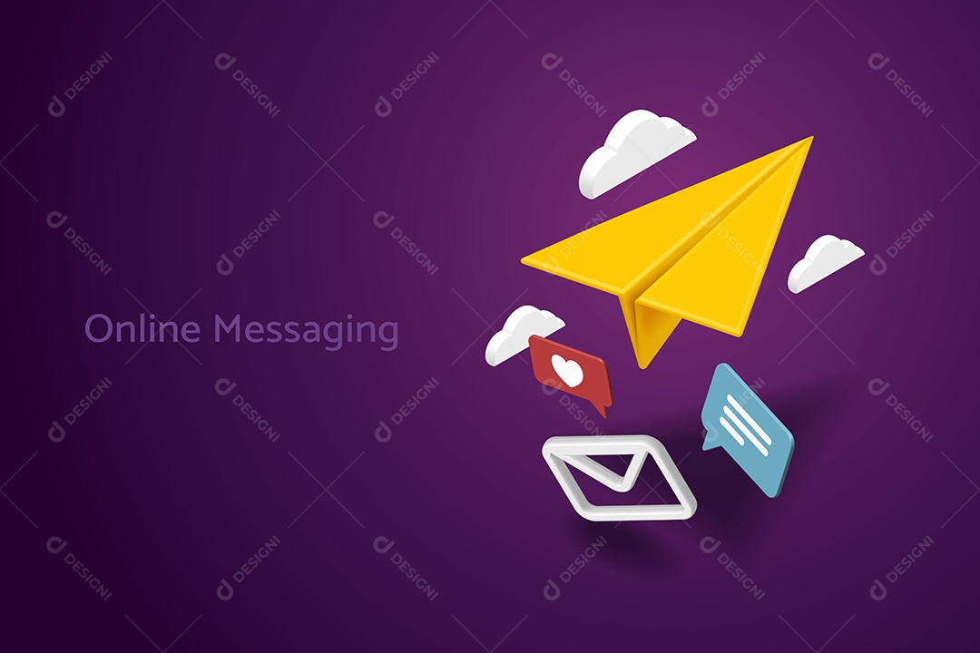 Conceito Enviar Mensagem Online Avião de Papel Amarelo e Ícone de Boletim Informativo Mensagem Coração Nuvem Em Fundo Roxo Vetor EPS