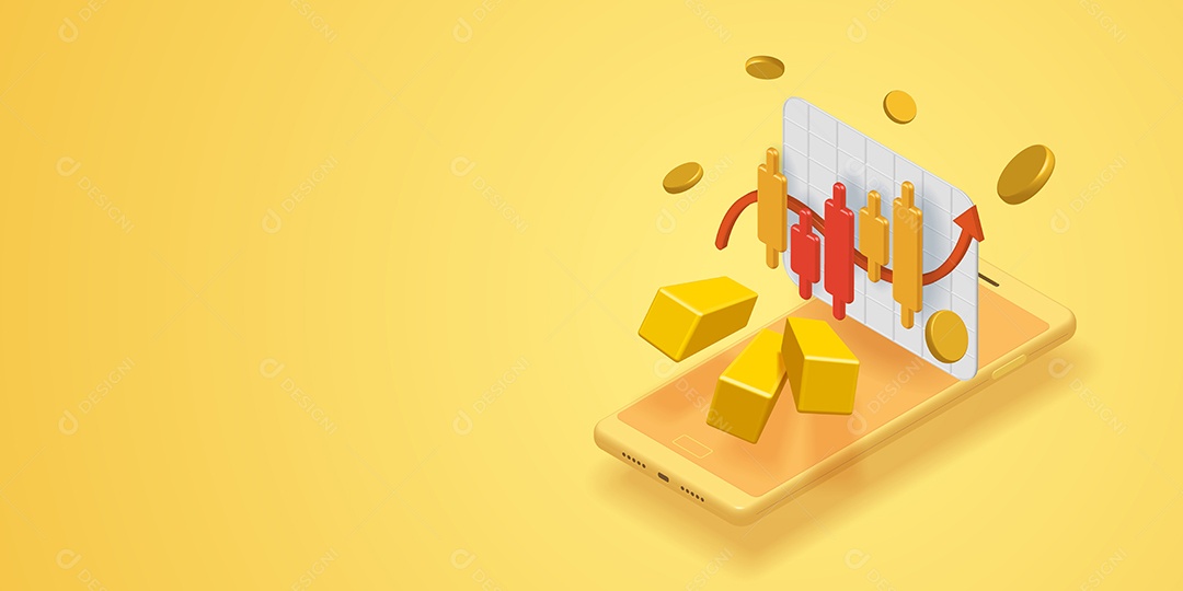 Gráficos de Velas e Barras de Ouro Comprando e Vendendo Ouro Via Smartphone Vetor EPS