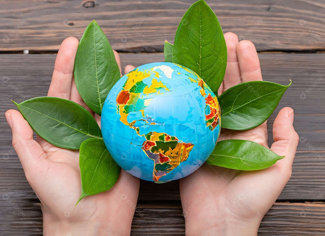 Planeta Terra nas mãos e folhas verdes