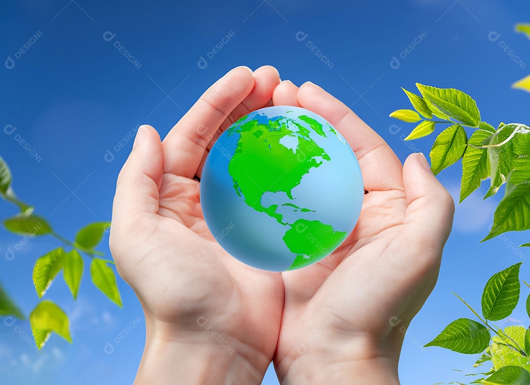 Planeta Terra nas mãos e folhas verdes