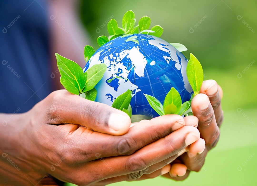 Planeta Terra nas mãos e folhas verdes