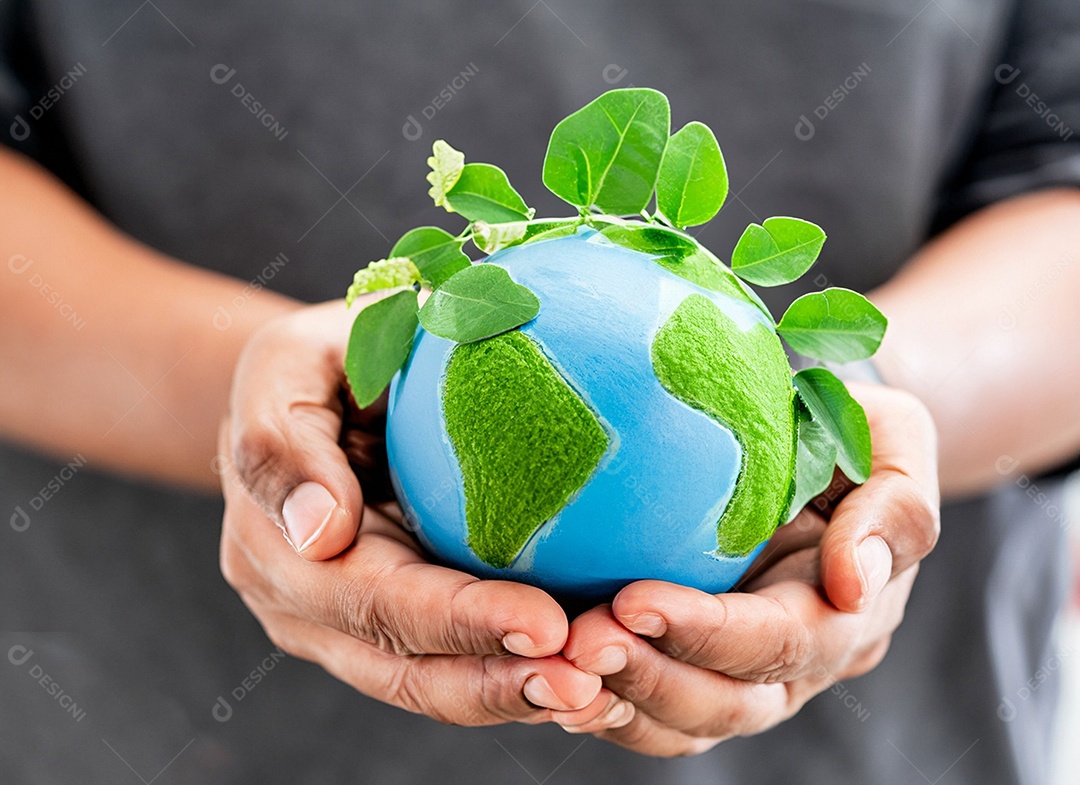 Planeta Terra nas mãos e folhas verdes