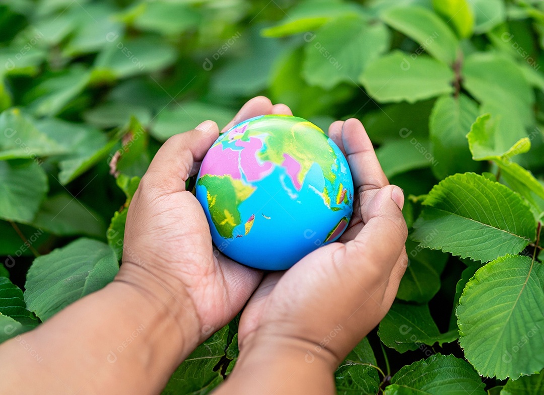 Planeta Terra nas mãos folhas verdes