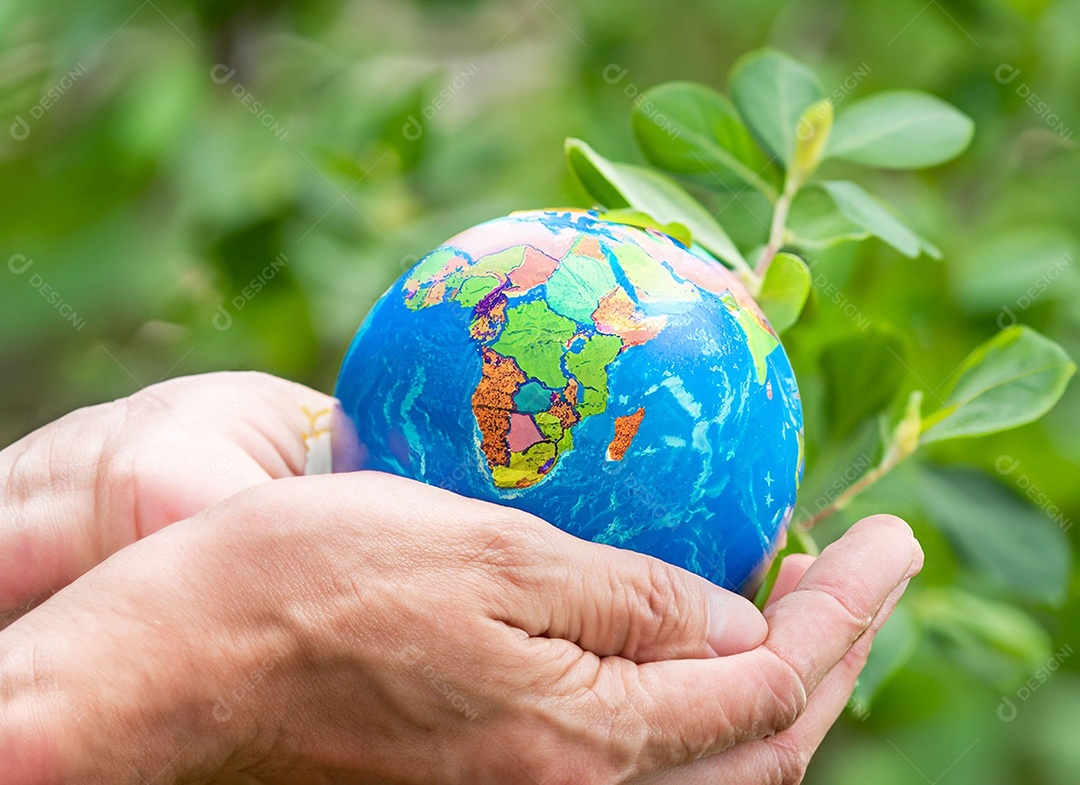 Planeta Terra nas mãos folhas verdes